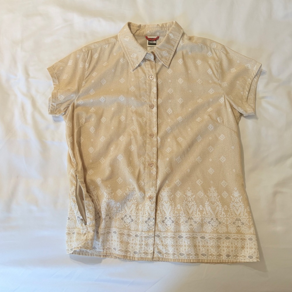 The North Face Womens XL Beige Paisley Geometric Button Down Shirt Side Pocket
